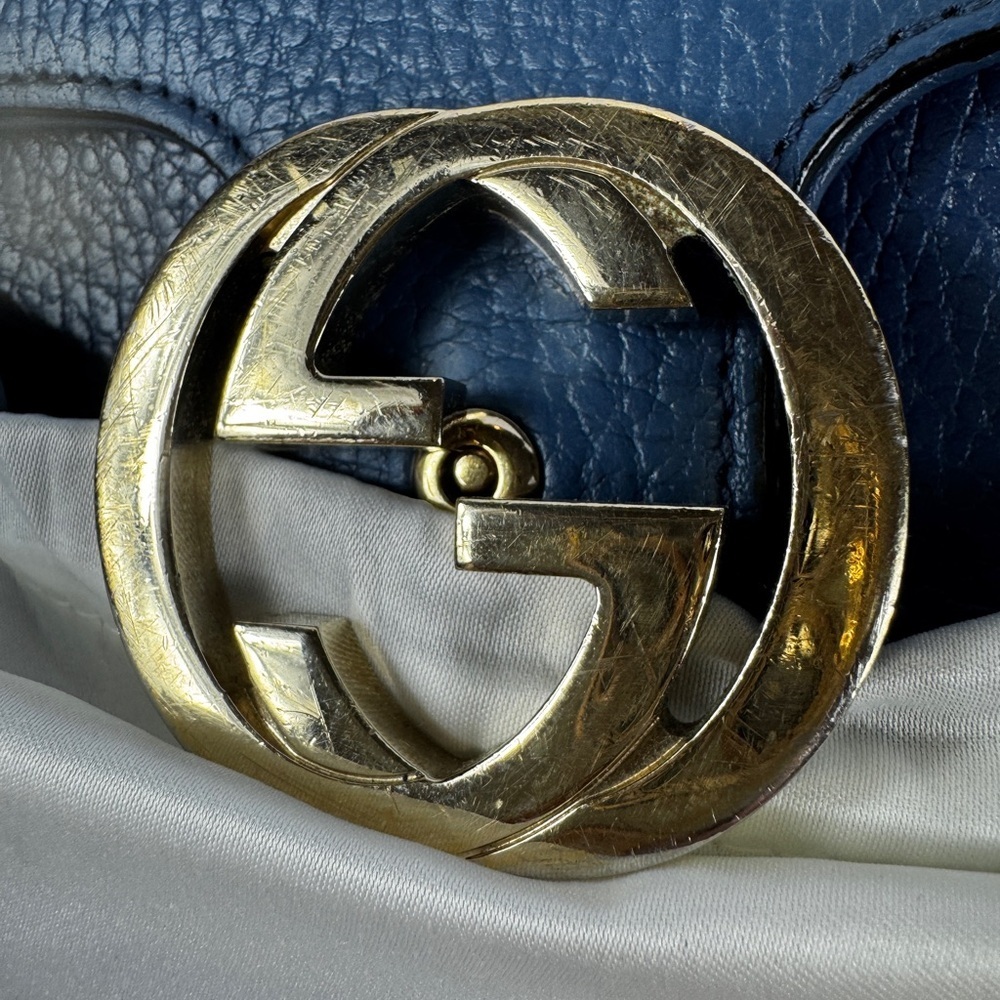 Gucci GG Interlocking Navy Leather Satchel with Gold Chain Made in Italy - Picture 13 of 15